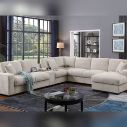 Chenille fabric corner sectional sofa with right facing chaise, cupholders and charging ports