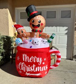 6FT Christmas Inflatables Decoration Outdoor, Cute Gingerbread Man in Hot Cocoa Mug Christmas