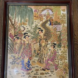 Vintage Japanese Porcelain Painted Framed Wall Art Satsumaware
