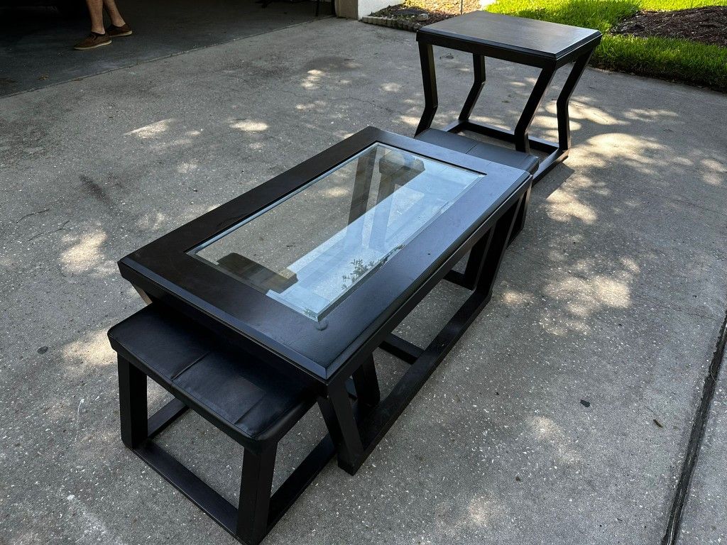 Living Room Coffee Table, 2 Small Stools, And Side Table