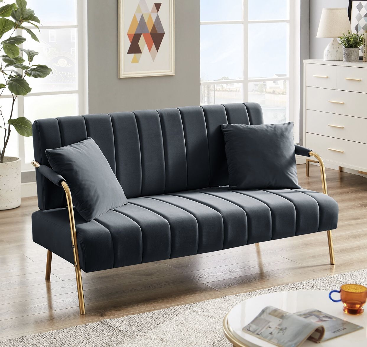 Modern and Comfortable Dark Grey Australian Cashmere Fabric Sofa with Loveseat 60.63″×26.18″×33.46″