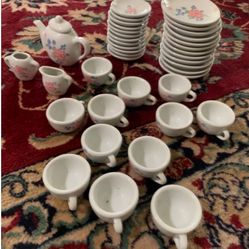 Vtg Ceramic Miniature Tea Set 40+ Piece Pink Purple Blue Floral Mini Dollhouse
