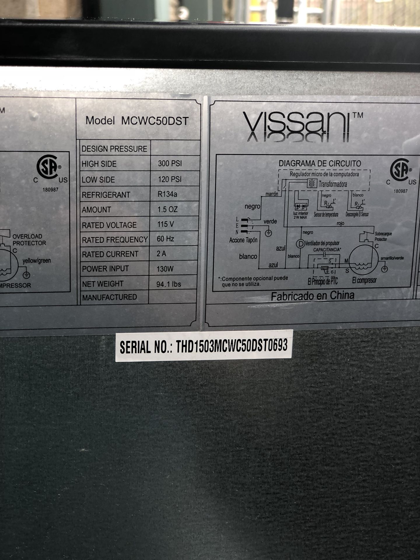 VIssani MCWC50DST wine & beverage cooler W23”backward 22”1/4 tall 33”1/