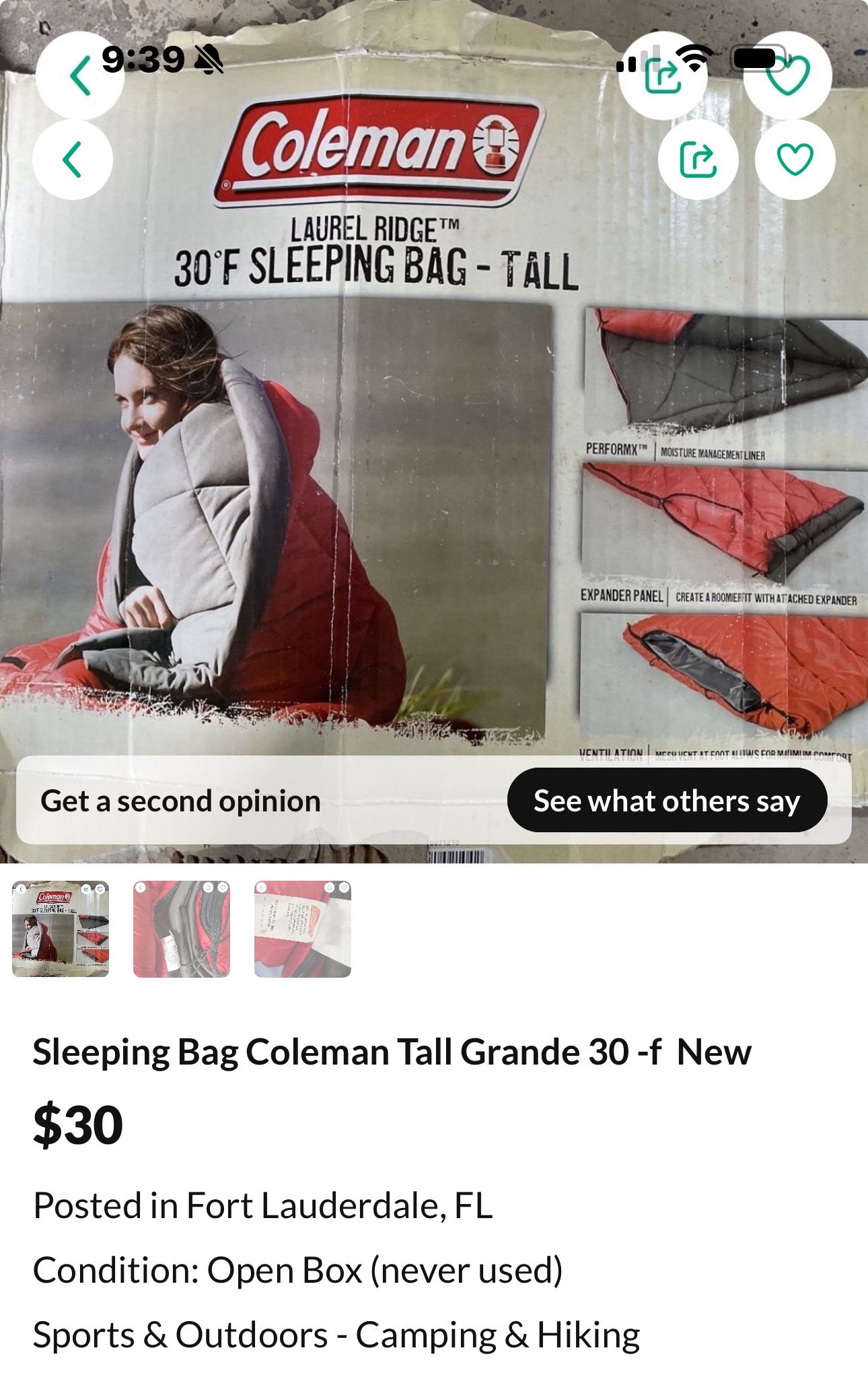 Sleeping Bag Coleman Tall Grande 30 -f New.