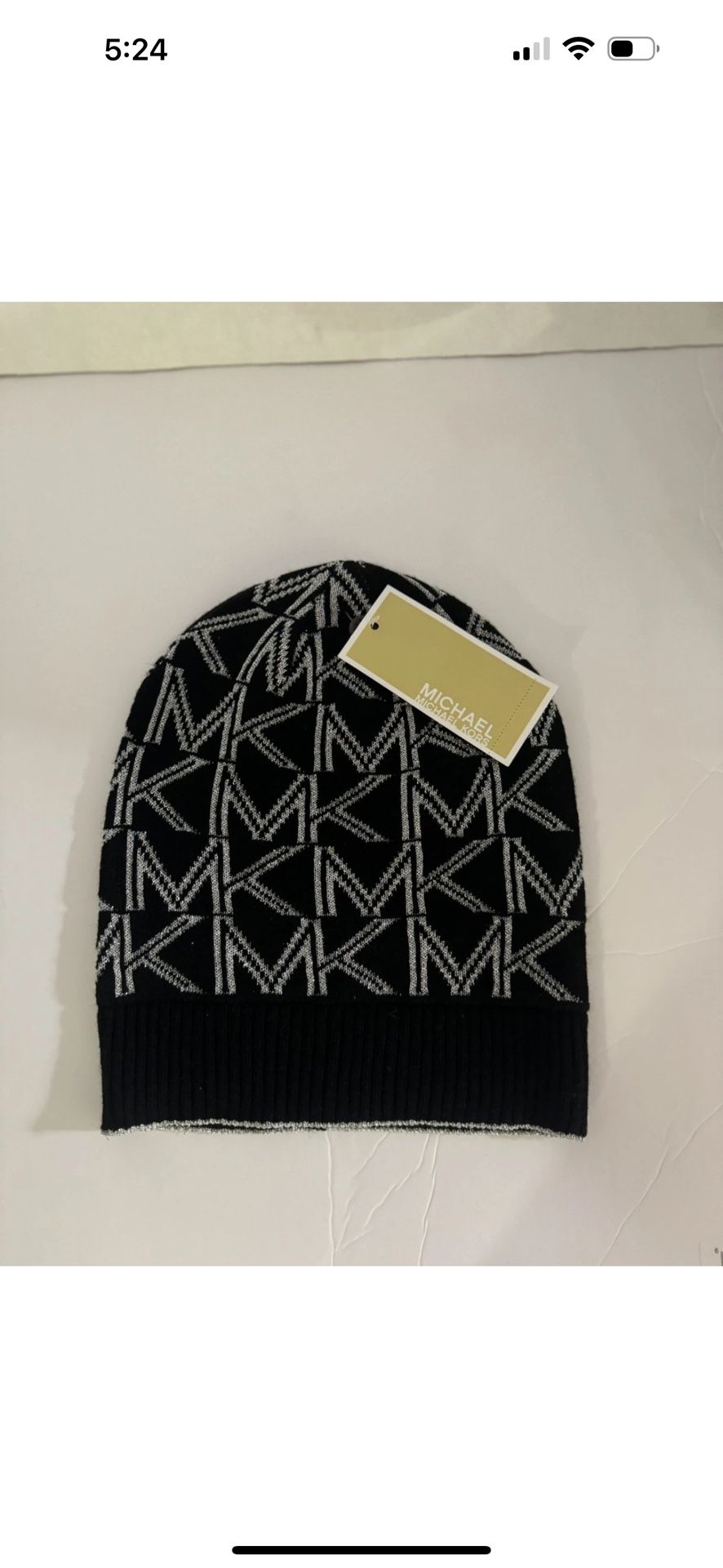 Michael Kors SIGNATURE MK LOGO BEANIE BLACK WHITE Womens One Size NWT