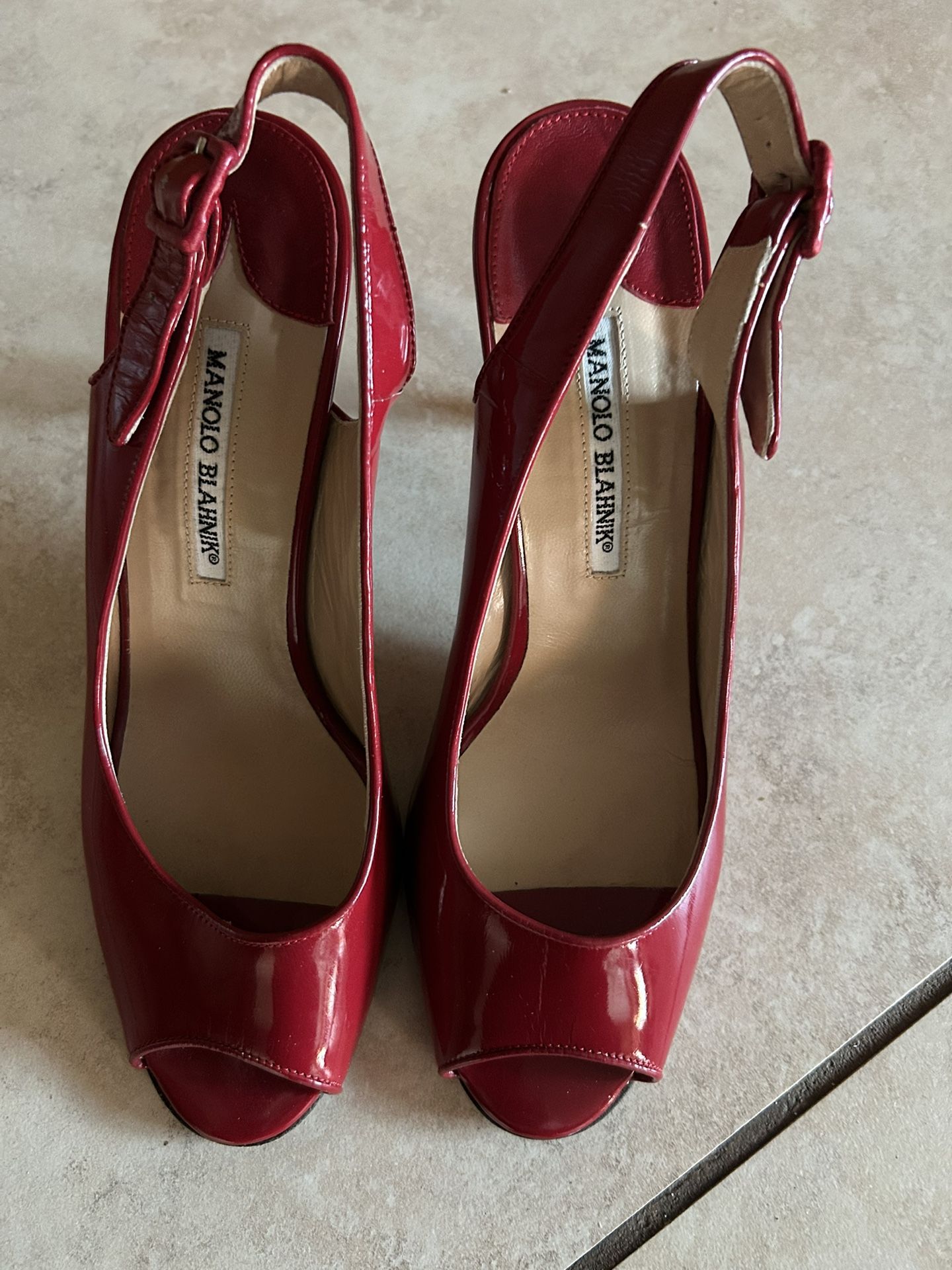 Manolo Blahnik Cherry Red Peep Toe Heels