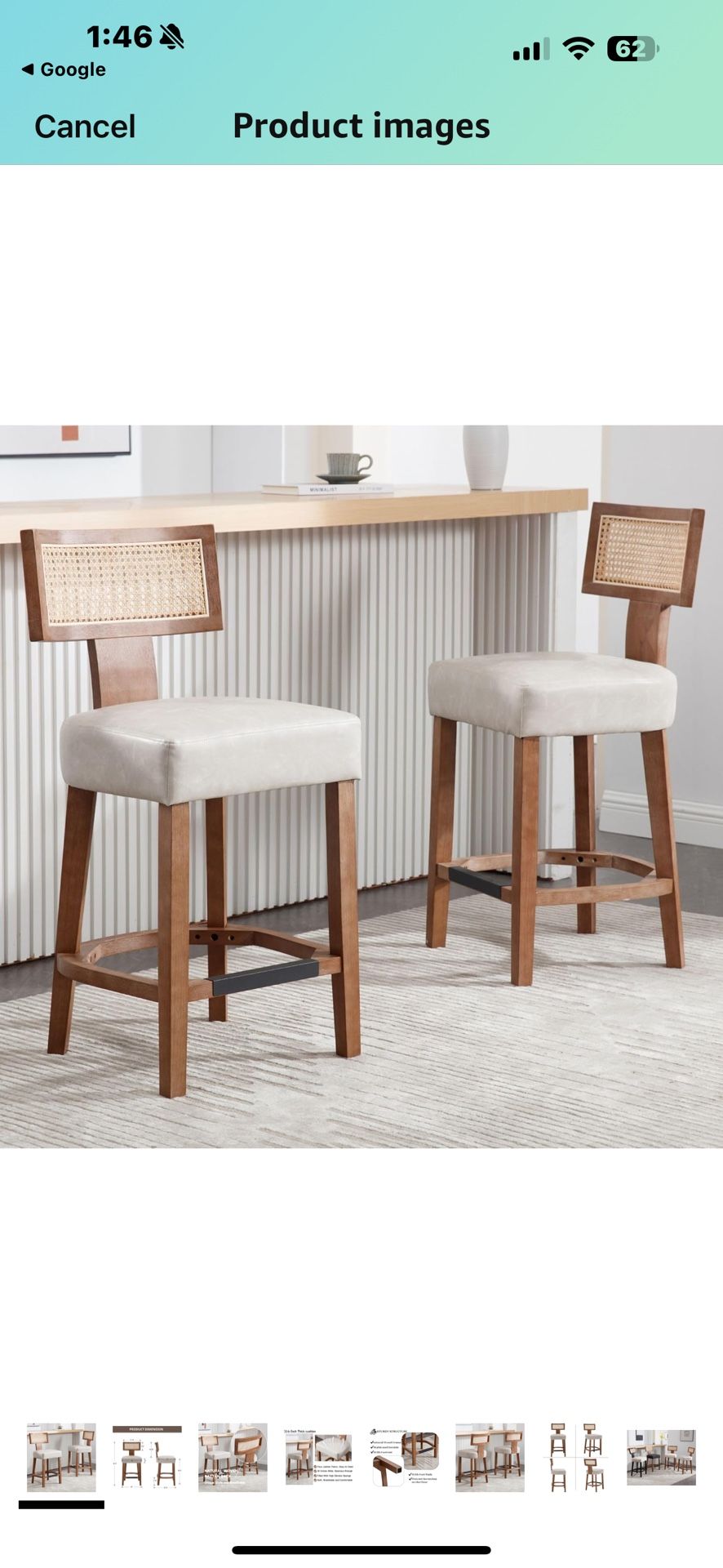 New in box 26’’ Rattan Barstools with Back Counter Height Bar Stool Set of 2, Grey PU Leather Modern Kitchen Counter Stool Upholstered Farmhouse Wicke