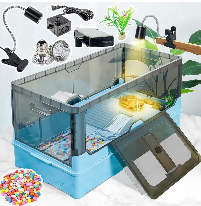 XL Turtle Tank kit with Filter+Water Pump+Heat lamp, Wheels, Easy to Move, Suitable for Small Turtle, Frog Hermit (XL, Blue)