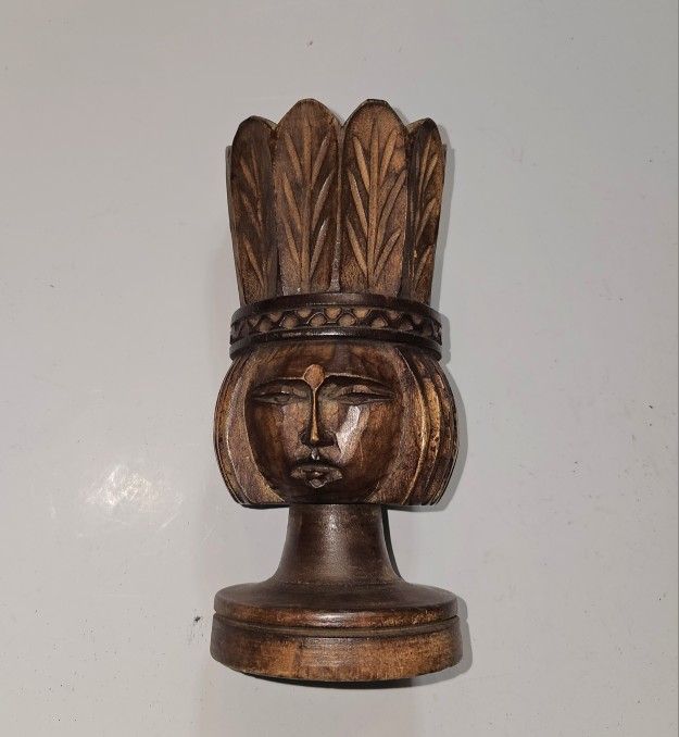 Vintage Hand-Carved Wood Vase Indigenous Head Design Made In Indonesia 7.5" x 3"