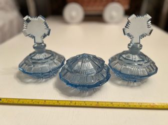Antique Czech Blue Art Deco Glass Perfume Bottles & Matching Covered Powered Jar