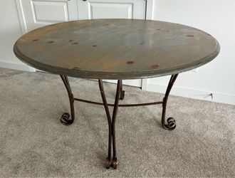Antique Wooden Top Table w/ Wrought Iron Base