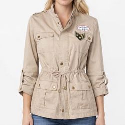 Active USA Tan Utility Jacket Small Military Style California 82 Patch Full Zip