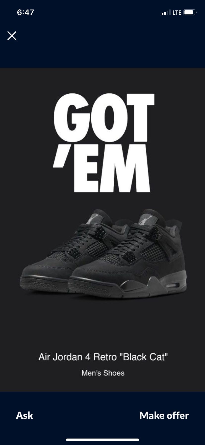 Jordan Black Cat 4s Size 10.5