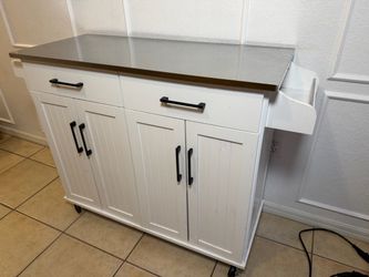 White Kitchen Island Cart with Stainless Steel Top
