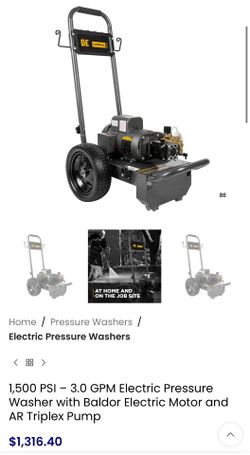 1,500 PSI – 3.0 GPM Electric Pressure Washer with Baldor Electric Motor and AR Triplex Pump