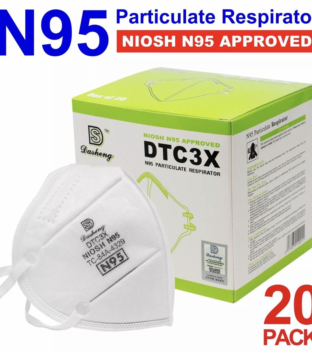 20-Pack Dasheng DTC3X N95 Face Mask Protective Disposable Respirator