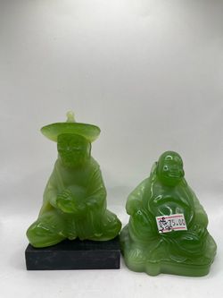 two vintage faux jade figurines made of translucent green resin or lucite, manufactured by the Italian brand Wony during the mid-20th century