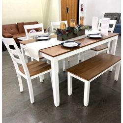 6-Piece Dining Table Set with Bench & Chairs