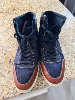 GUCCI GUCCISSIMA MONOGRAM GG NYLON/LEATHER HIGH SNEAKERS NAVY/TAN MENS SIZE 10.5
