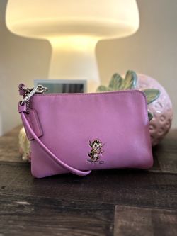 Limited Edition Coach x Gary Baseman "Buster Le Fauve" Corner Zip Wristlet in Marshmallow Pink Leather
