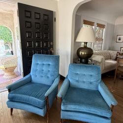 Mid century Modern Chairs Pair Turquoise Velvet