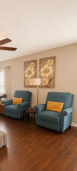 Set of 2 Teal Upholstered Accent Chairs & White Desk Chair