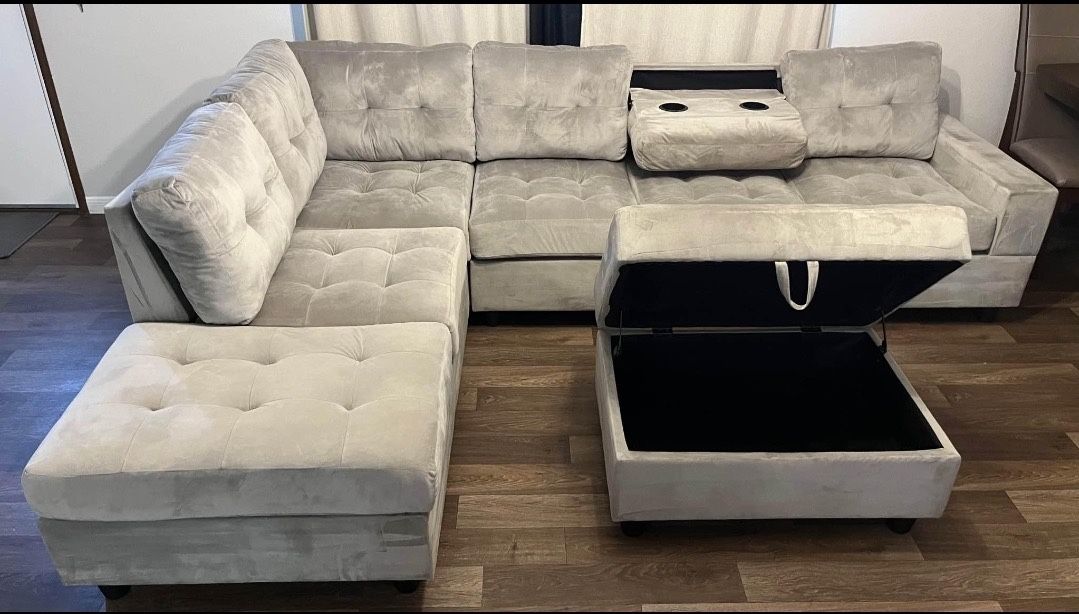 Brand New Grey Velvet Sectional With Storage Ottoman
