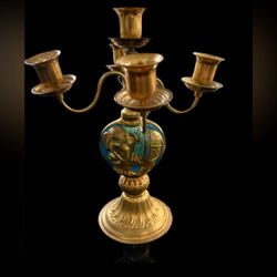 Antique Brass Hand Painted 5 Candle Candelabra 