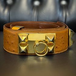 Vintage Hermès Medor Ostrich Collier De Chien Cognac Brown Belt