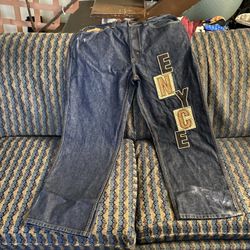 Enyce Dark Wash Leather Cotton Denim Jeans Spell Put Big Logo Patch ACTL Size 36