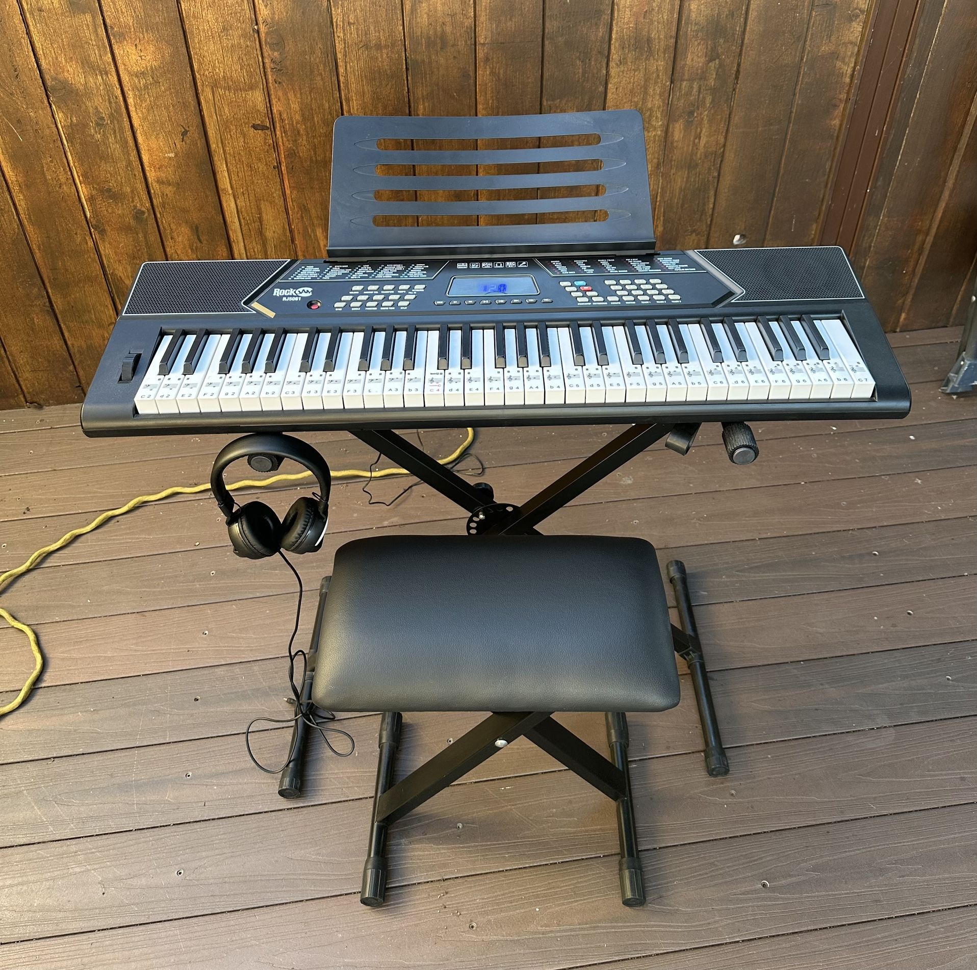 RockJam 61 Key Keyboard Piano Stand With Pitch Bend Kit, Piano Bench, Headphones, Simply Piano App & Keynote Stickers