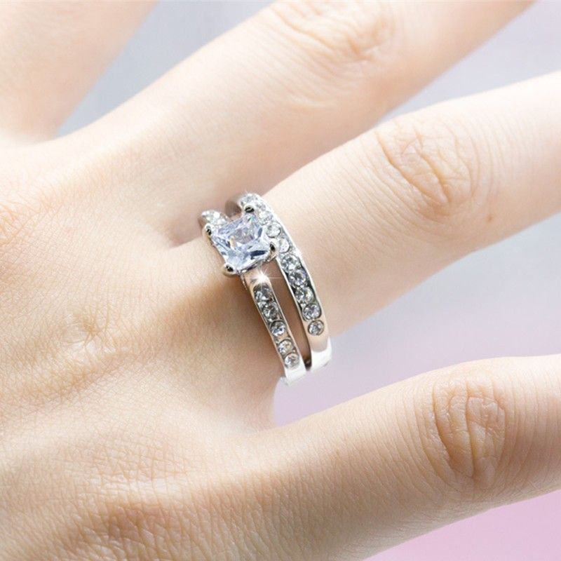 "Double Layer Princess Cut Gems Square Zircon Rings for Women, EVGG1256