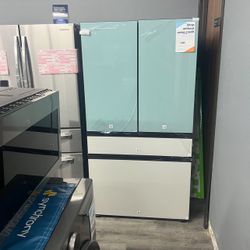 Samsung Bespoke 29 Cu Ft 4-Door French Door Refrigerator In White & Blue Glass Panels 