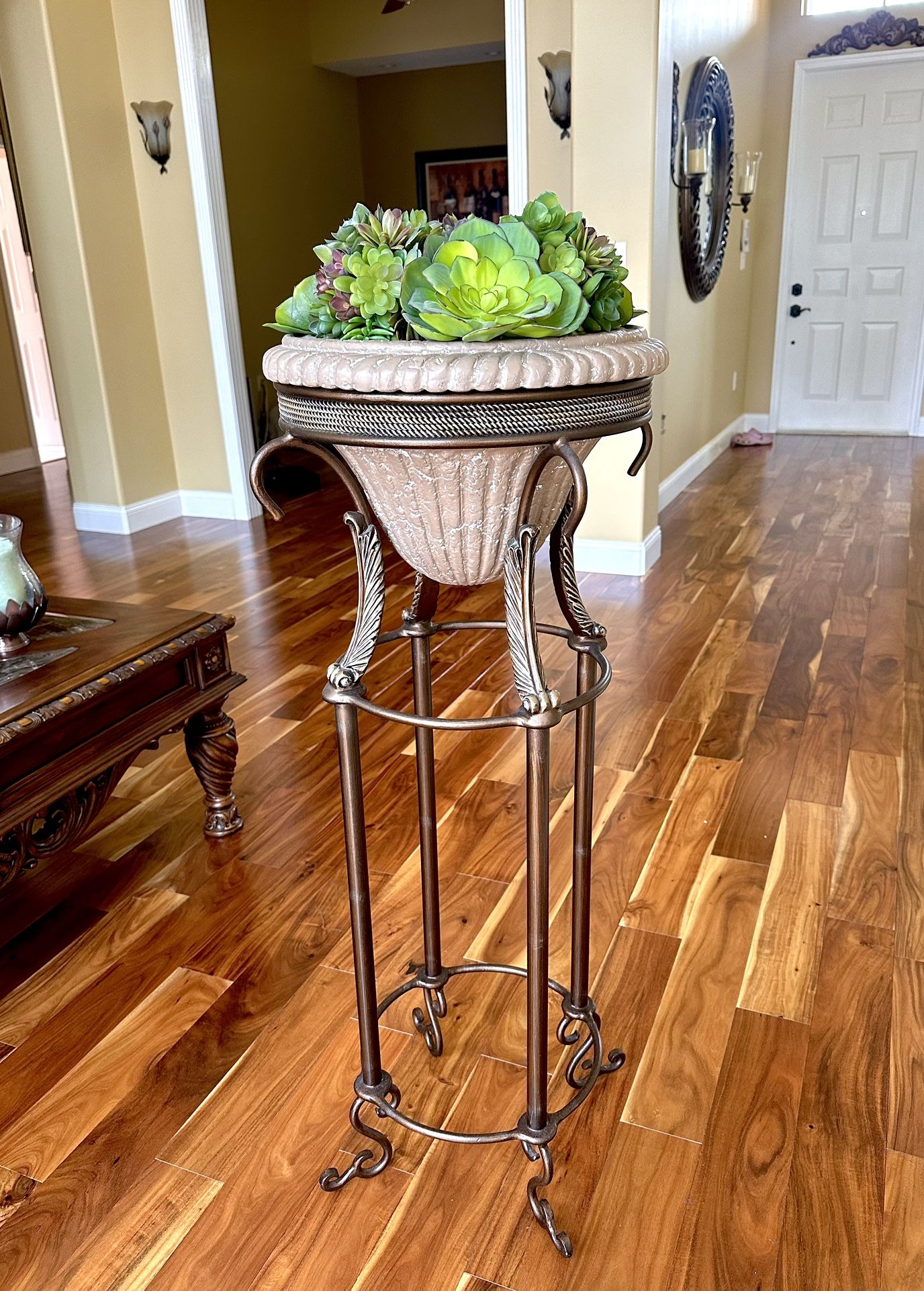 Vintage Antique Style Metal Plant Stand - Fake Succulents Included 