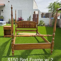 Queen Bed Frame With Two Night Stands and Lamp