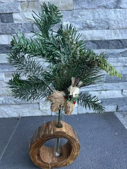 Christmas Wood Vase Decor With Reindeer & Pine Tree  Arrangement 