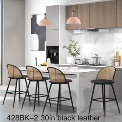 Bar Stools Set of 4 Rattan Swivel 29" Height Barstools for Kitchen Counter Island Mid Century Modern Boho Bar Stool Chairs with Metal Legs Woven Stool