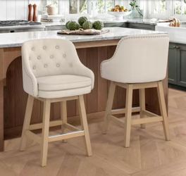 Linen Color Fabric Swivel Barstool Solid Wood Frame Double Cushion Counter Height Bar Stool Set of 2