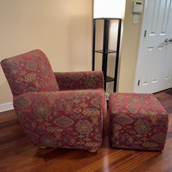 Red Patterned Accent Chair with Ottoman 