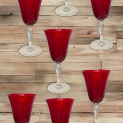 Set up of 7 Collectible Vintage RUBY RED Blown Glass Water /Wine 7 3/8" Goblets - Estate Item