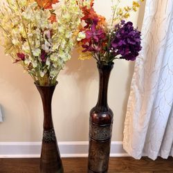 2 Beautiful Tall metal Vases With Faux Flowers