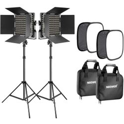 Neewer 2 Pieces Bi-color 660 LED Video Light with Stand and Softbox Kit: (2)3K CRI96+ Dimmable Light with U Bracket and Barndoor (2)Light Stan