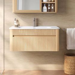 30 Inch Floating Bathroom Vanity with Ceramic Sink Combo, Solid Wood Curved Frame, Fluted Modern Wall Mounted Single Cabinet, Smart Storage, Soft-Clos