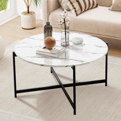 Round Coffee Table 36 Inch - Modern Faux Marble Top with Sturdy Metal Frame, Small Circular Wood Coffee Table for Living Room, Bedroom, Home Office – 