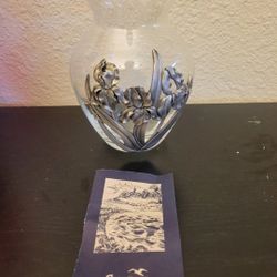 1992 Seagull IRIS Pewter Overlay Clear Art Glass Vase Nova Scotia Canada