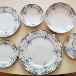 

China, Imperial China pattern 5303 Seville, designed by W Dalton (Japan), Blue Roses, Gray Scrolls, 12 large 10.25 “ plates 12 soup bowls 7.5”, 12 s
