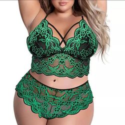 Green Lace Mesh Women's Lingerie Set Top Underwear Panty Gift XL 2XL