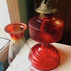 Red Glass Hurricane Oil Lamp 18.25” H x 19” Diameter Base. Item#1002