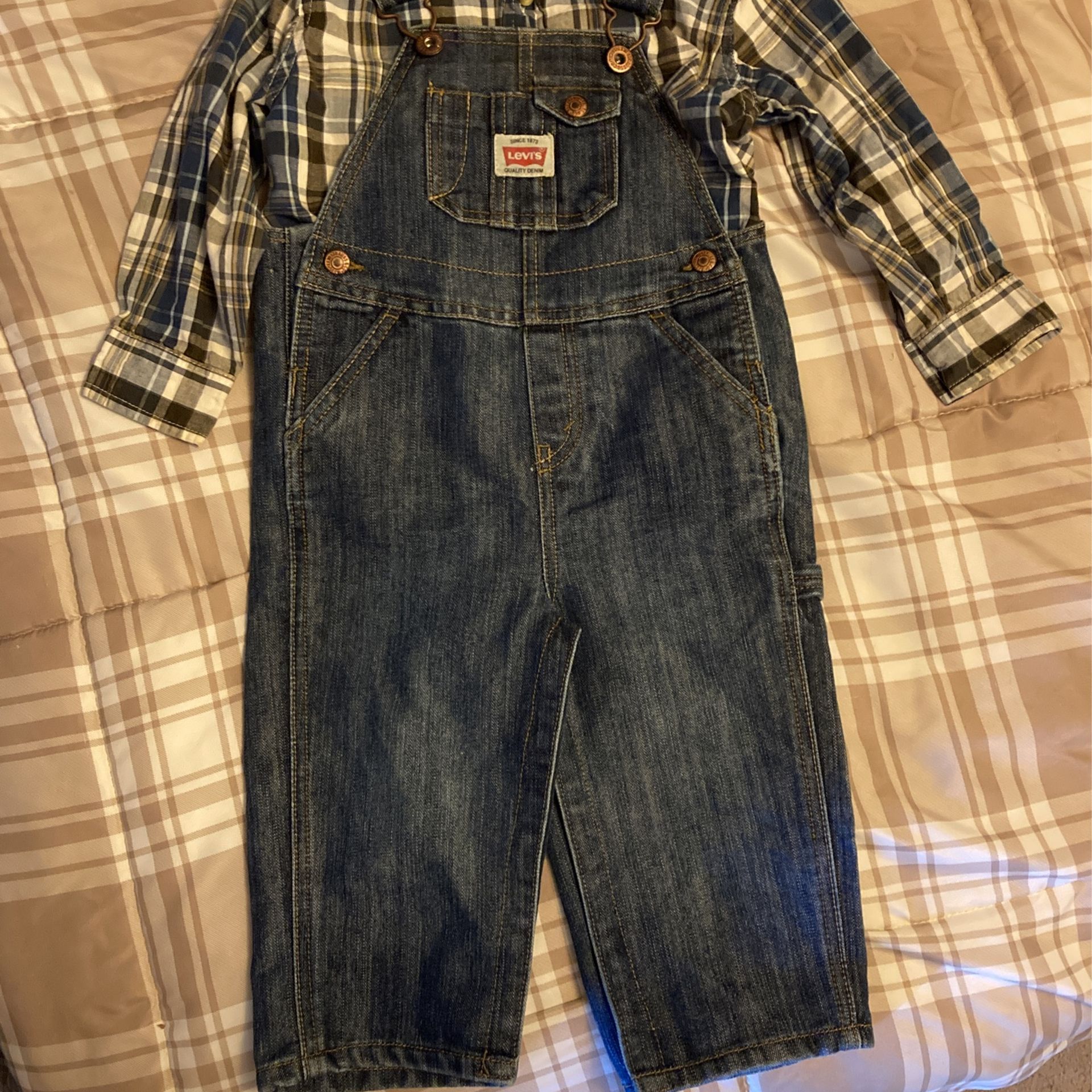 Levi’s Blue Jean Overalls Size 24 Mo + Timberland Plaid Shirt 3T