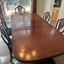 $350 OBO Beautiful Wood Dining Table + 6 Reupholstered Chairs – Great Condition